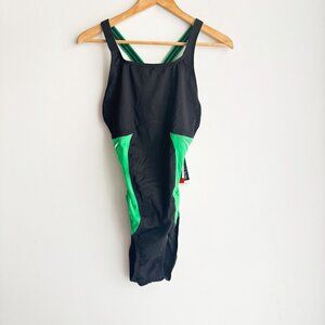 Speedo Endurance Black Green Color block Sports One Piece Swimsuit 12